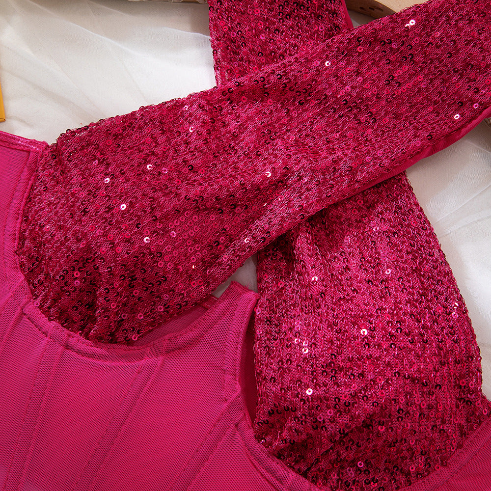 Sequin Crossover Halter Corset Top - Deep Cutout & Boned Mesh Panel