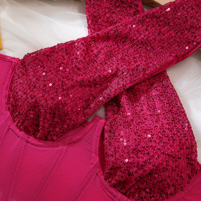 Sequin Crossover Halter Corset Top - Deep Cutout & Boned Mesh Panel