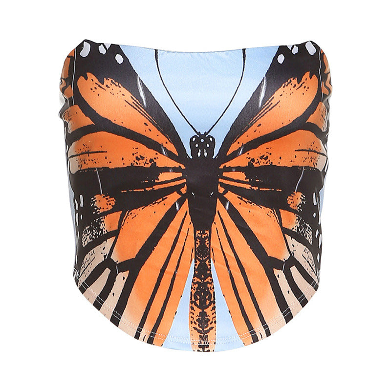 Multicolor butterfly print cropped bodice top, curved neckline, pointed hem
