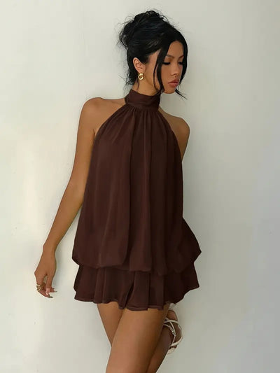 Backless Halter Neck Tiered Mini Dress - Chiffon Vacation Dress