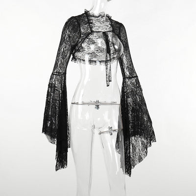 Black Lace Cropped Top - Dramatic Flared Sleeve Shrug