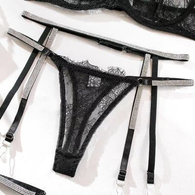 Lace Lingerie Set - 4 Piece Rhinestone Garter Belt - Fashions Envy