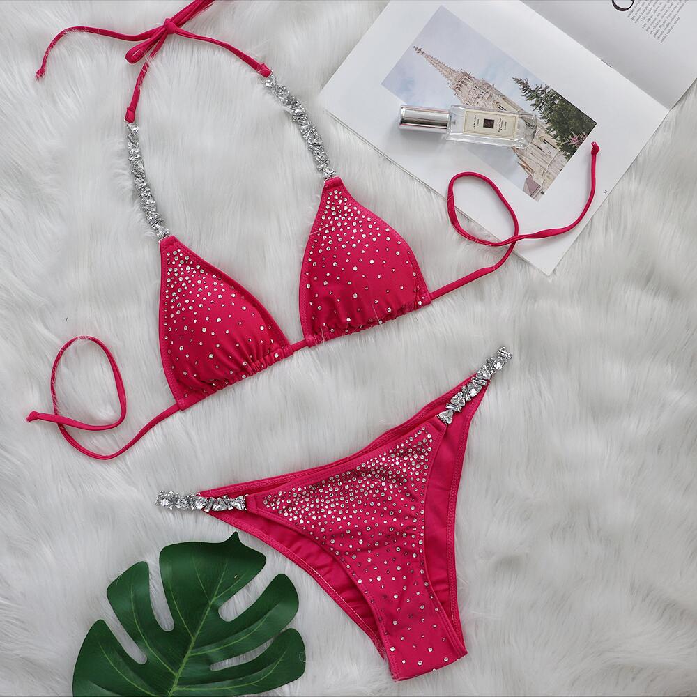 Crimson red women's hot-stamped split swimsuit set, triangle top and matching bikini bottoms