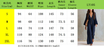Jumpsuit size chart with size, bust, waist, hips, and length measurements