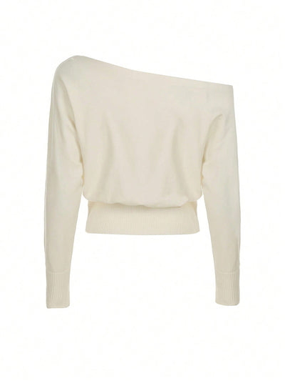 Off Shoulder Knit Sweater - Slouchy Sleeves and Ribbed Hem