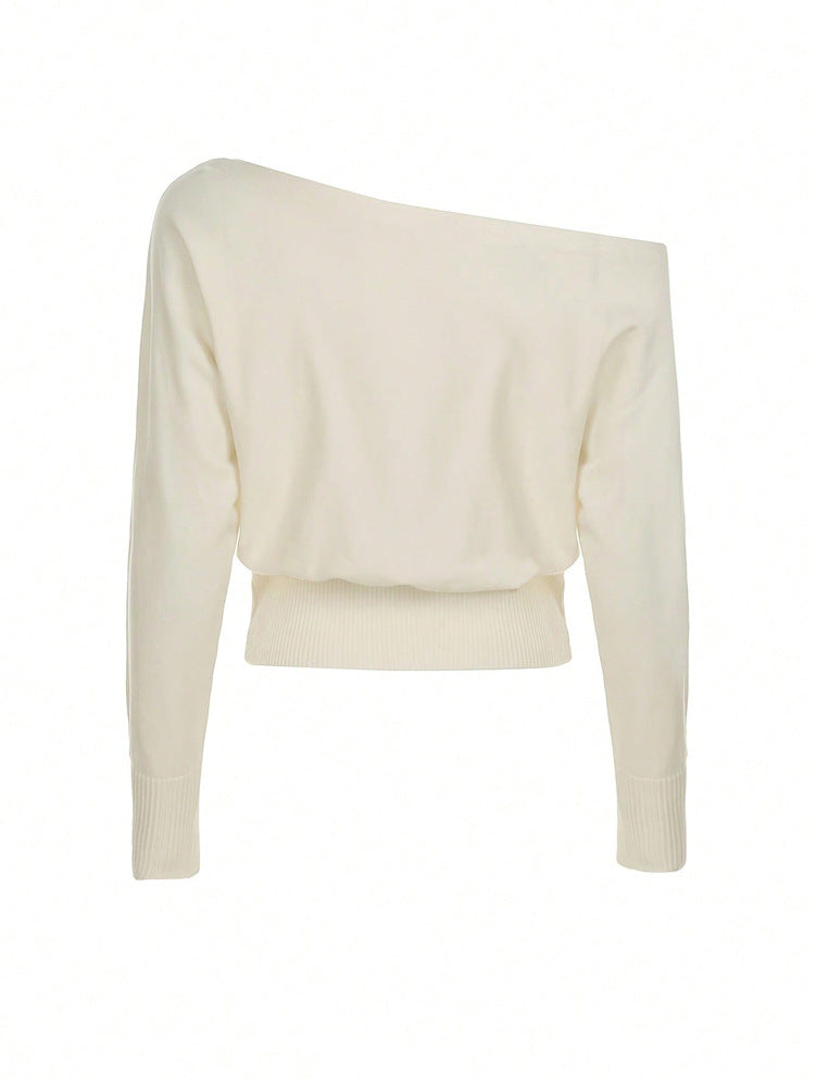 Off Shoulder Knit Sweater - Slouchy Sleeves and Ribbed Hem