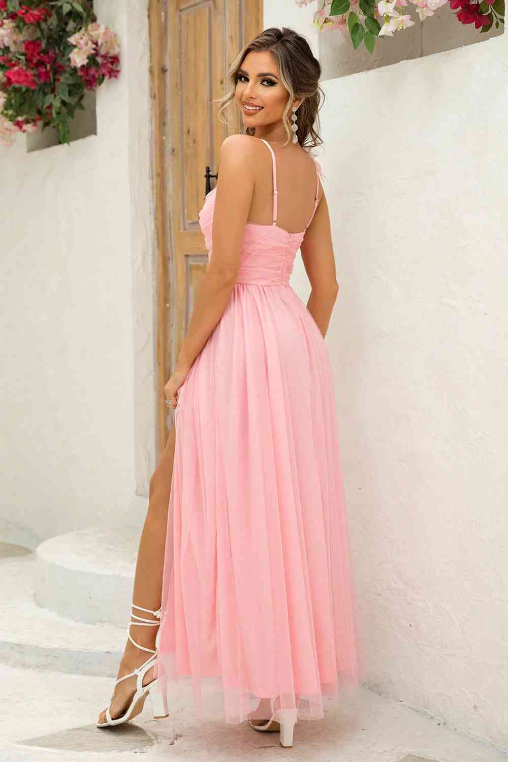 Asymmetrical Ruched Slit Dress - Fashions Envy
