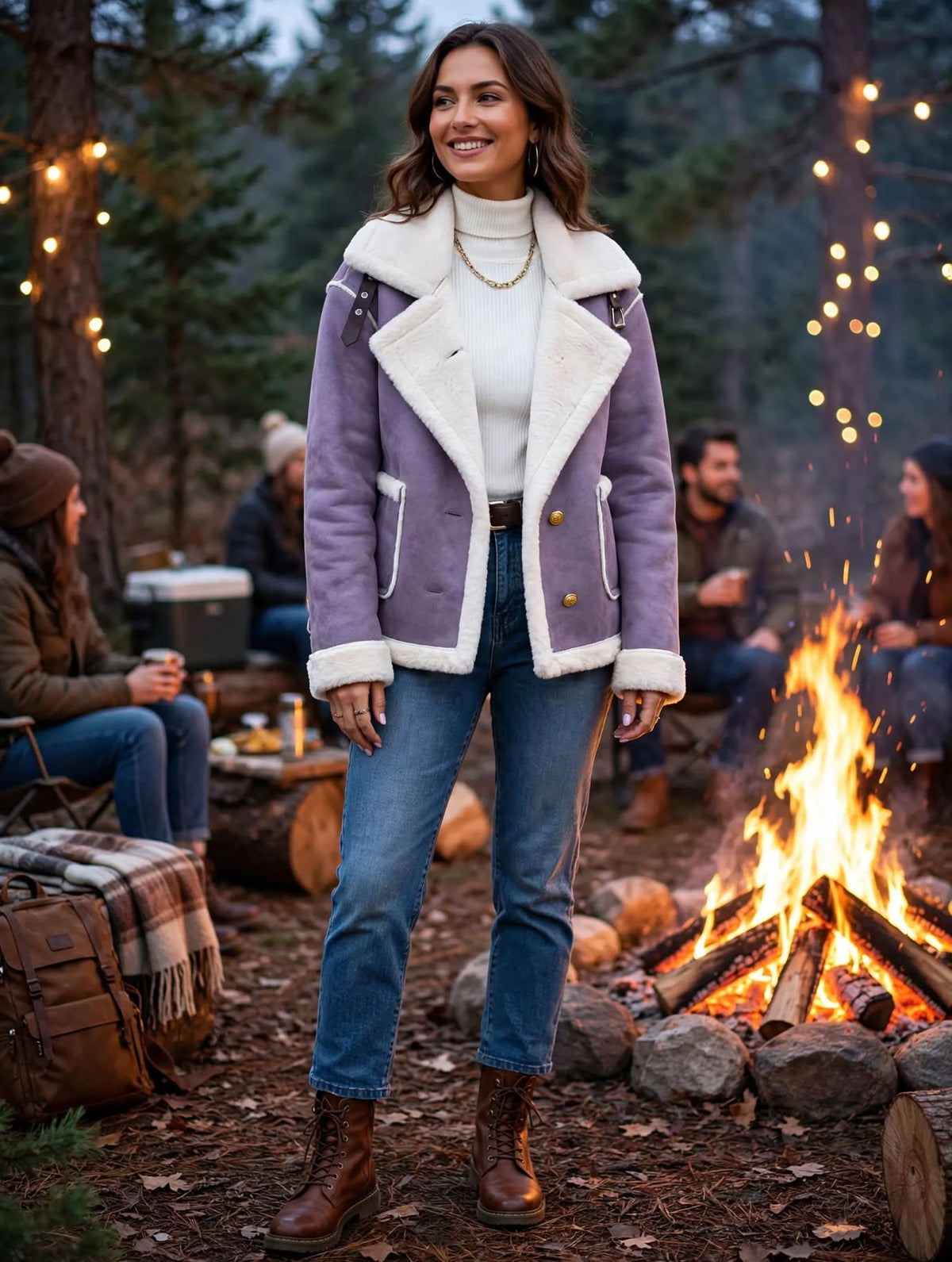 Plush Button-Up Jacket - Wide Collar And Contrast Trim