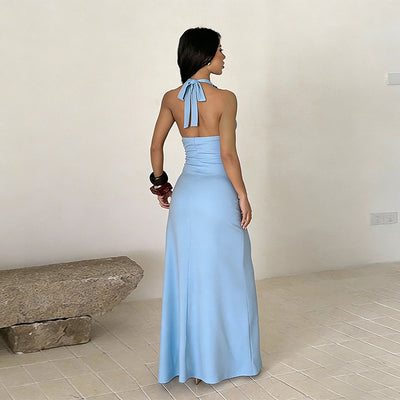 Women’s halter-neck slit dress, light blue, open back with tie halter, long skirt