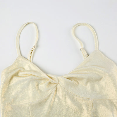 Beige twist-front cami top with ruched center knot detail and slim shoulder straps