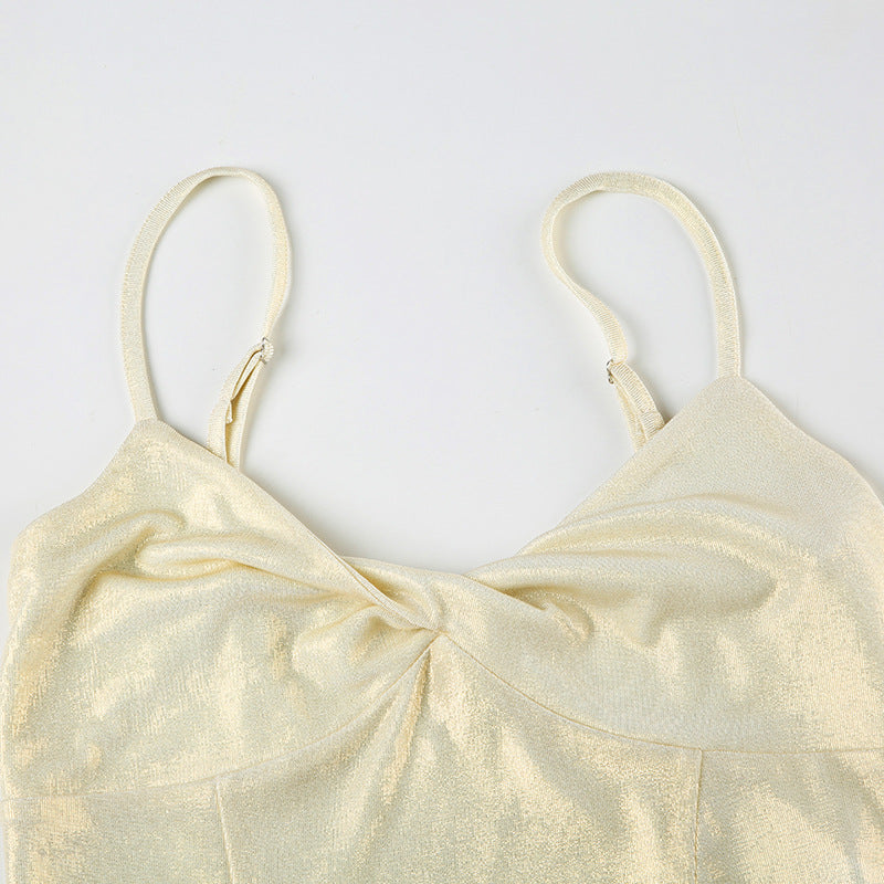 Beige twist-front cami top with ruched center knot detail and slim shoulder straps