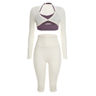Three-Piece Capri Activewear Set - V-Neck Top and Halter Bra