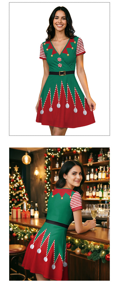 Green V-neck elf dress with red-and-white striped sleeves and white pom hem details