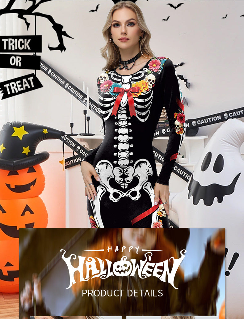 Halloween Skeleton Midi Dress - Floral Print & Long Sleeves