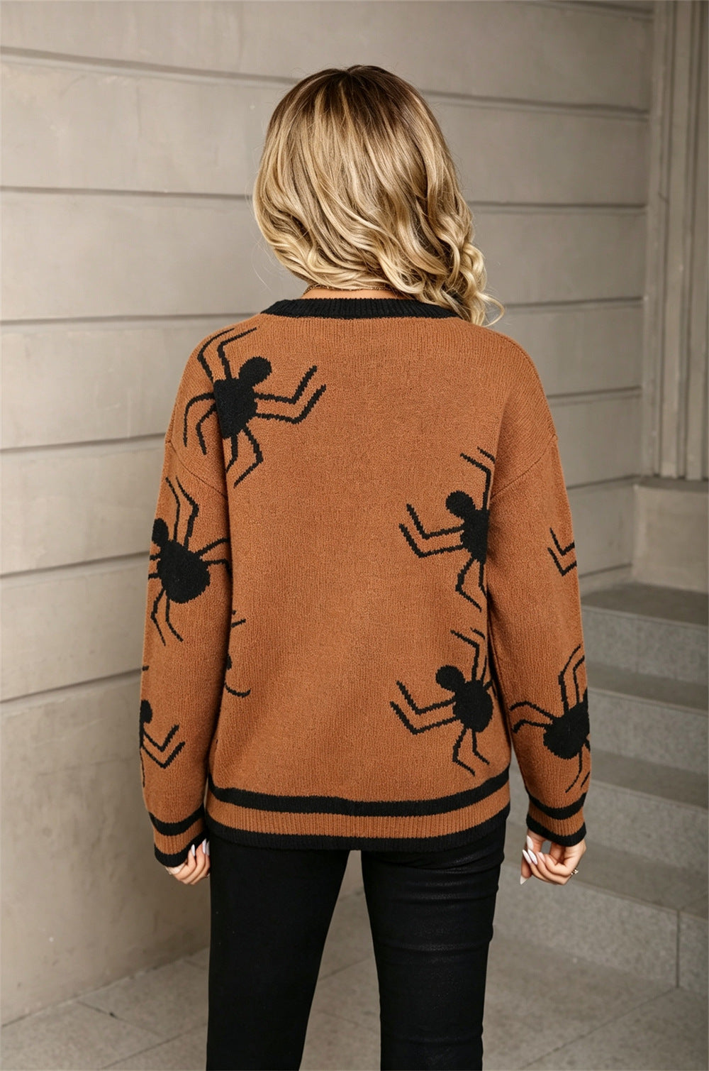 Halloween Spider Knit Sweater - Striped Ribbed Crewneck