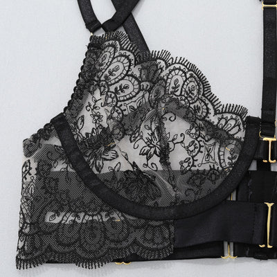 Black lace bra cups with garter belt band and gold-tone adjustment hardware