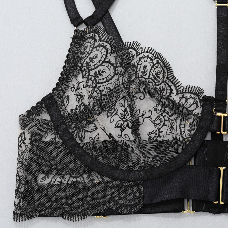 Black lace bra cups with garter belt band and gold-tone adjustment hardware