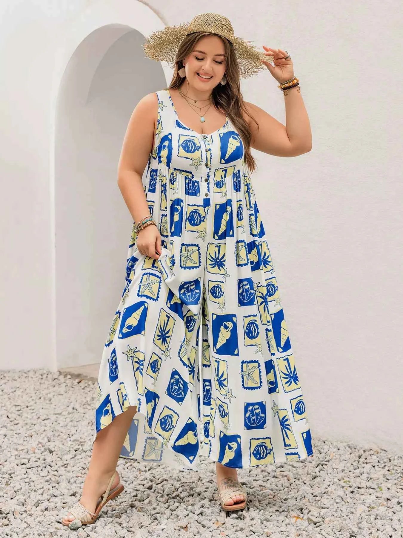 Plus Size Nautical Print Sleeveless Jumpsuit