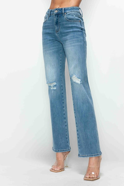 Full Size Medium Blue Distressed High Rise Straight Jeans
