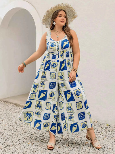 Plus Size Nautical Print Sleeveless Jumpsuit