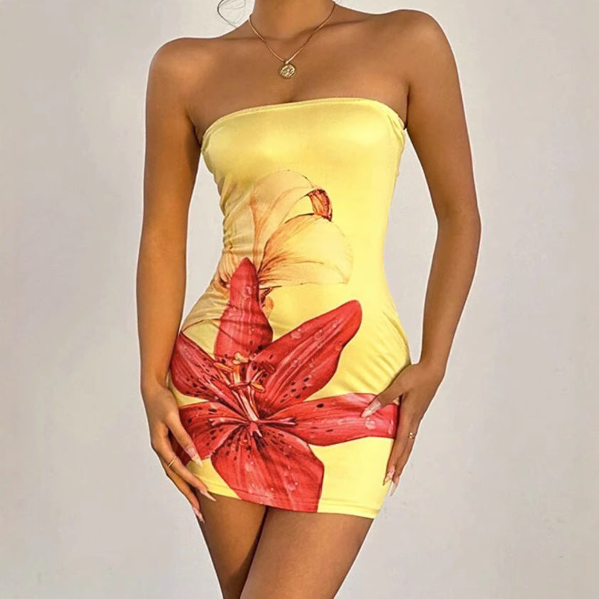 Floral Bodycon Mini Dress - Strapless Waist-cinching
