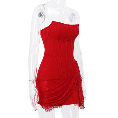 Red strapless dress on a mannequin with a white background