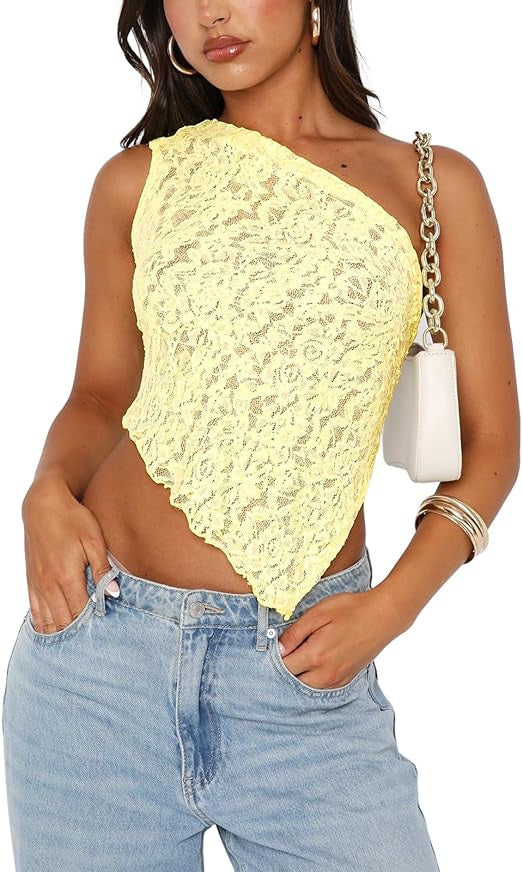 Lace Backless Tank Top - Asymmetrical Sloped Neck