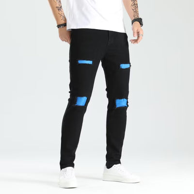 Men's Ripped Skinny Jeans - Contrast Patch Stretch Denim