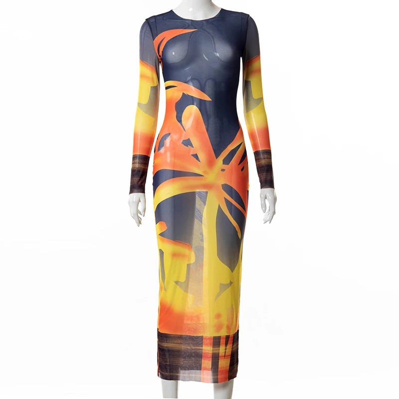 Mesh Maxi Dress - Sheer Long Sleeve Bodycon Dress