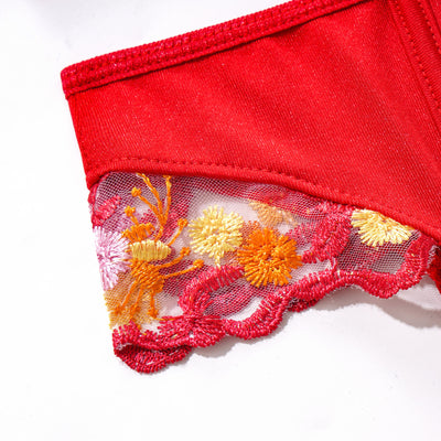 Red Embroidered Lingerie Set - Underwire Bra Garter Belt Thong