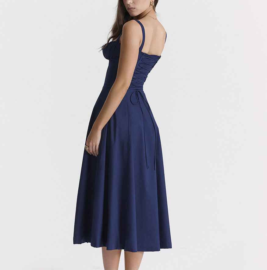 Corset Lace-Up Back Midi Dress - Wide Strap Side Slit