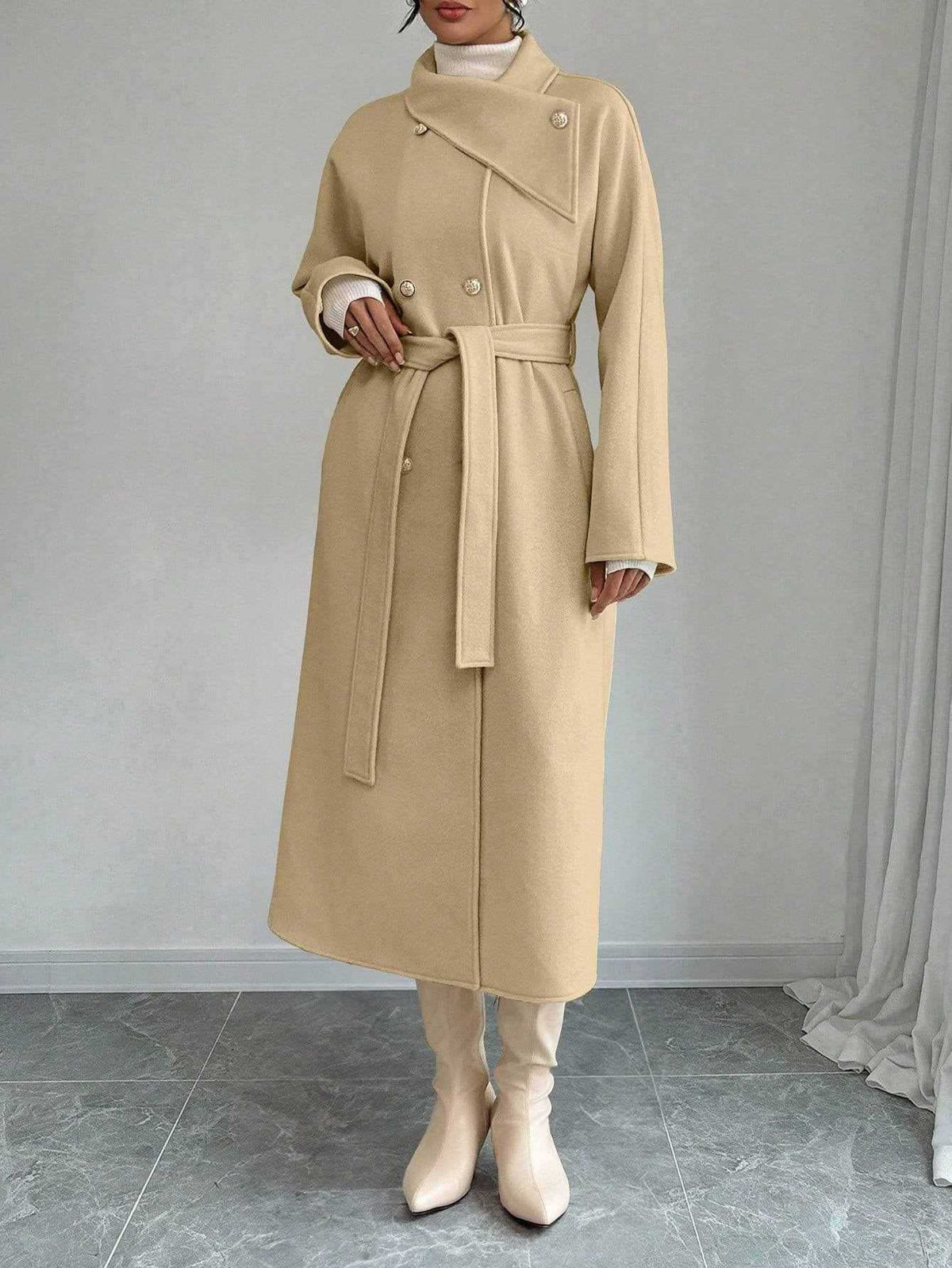 Double-Breasted Long Coat - Waist Tie & Wide Lapels