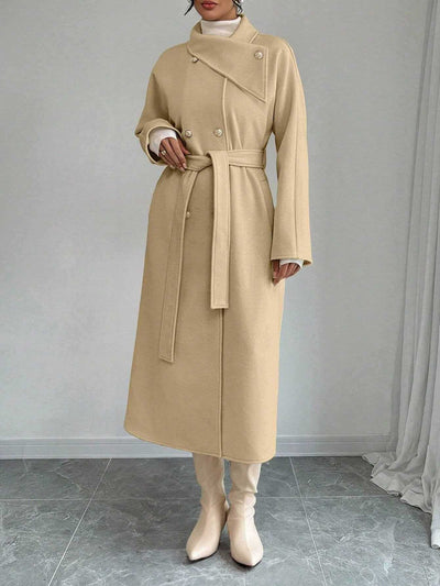 Double-Breasted Long Coat - Waist Tie & Wide Lapels