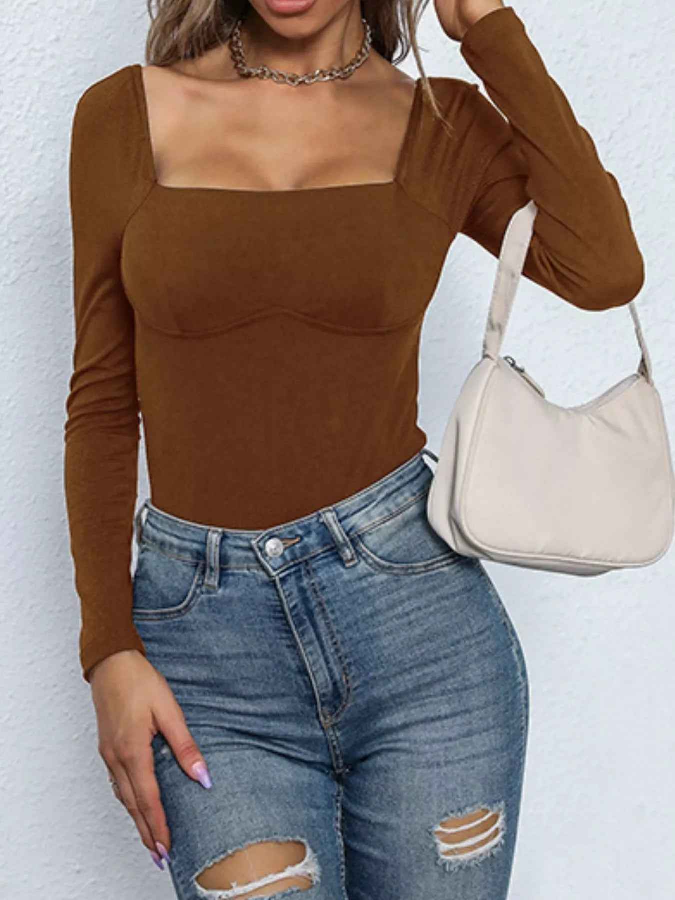Square Neck Long Sleeve Bodysuit - Fashions Envy