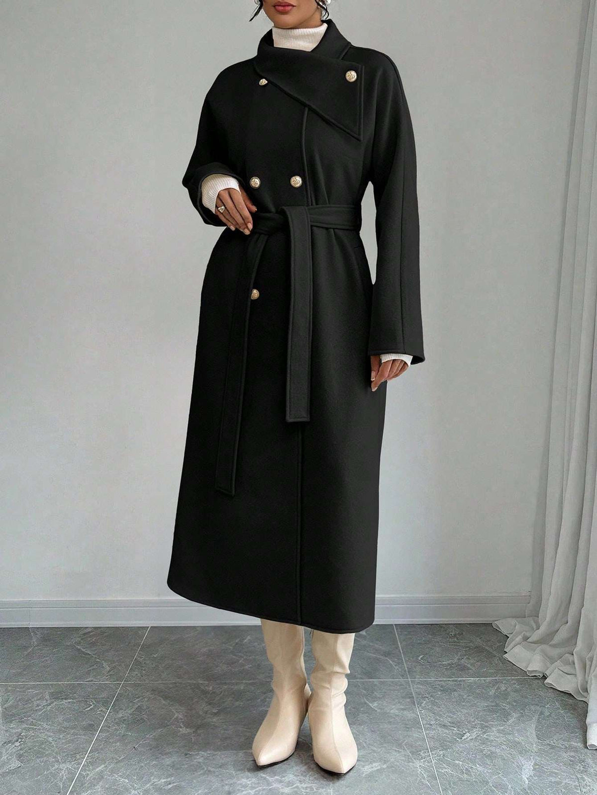 Double-Breasted Long Coat - Waist Tie & Wide Lapels