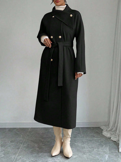 Double-Breasted Long Coat - Waist Tie & Wide Lapels