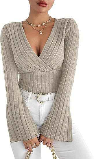 Ribbed V-Neck Top - Flared Sleeve Elegant Fit - Fashions Envy