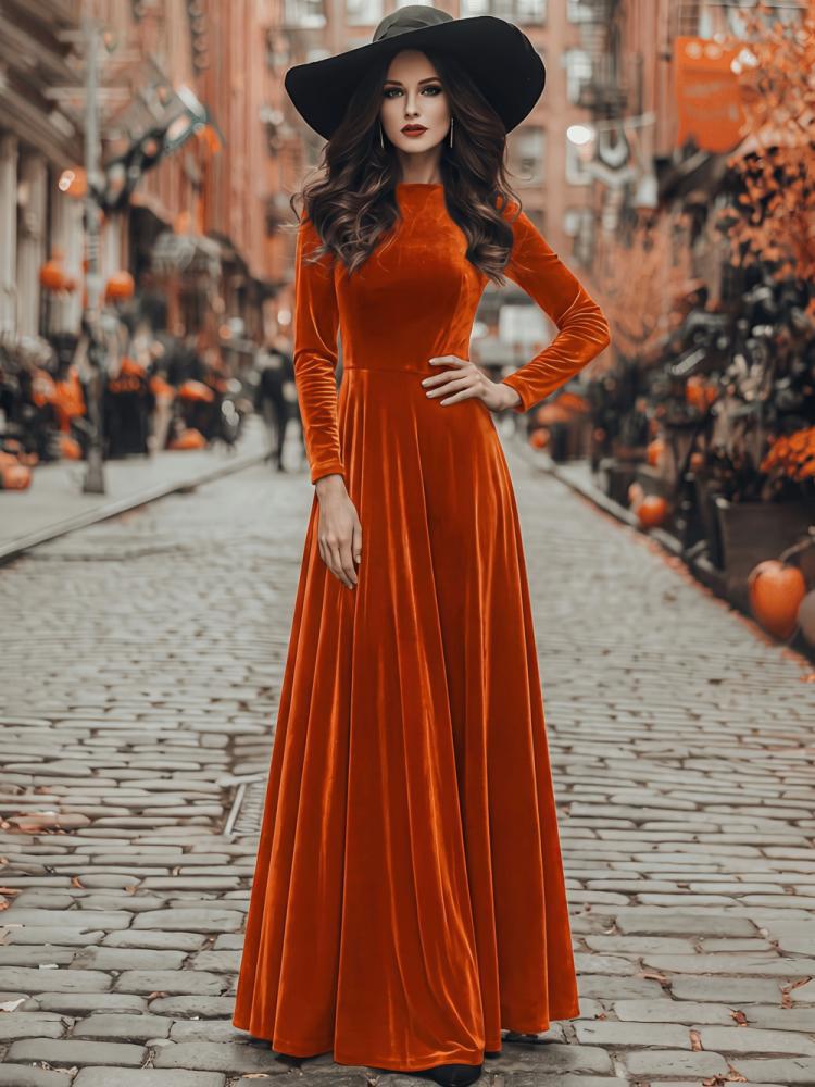 Orange velvet maxi dress with long sleeves and flared skirt