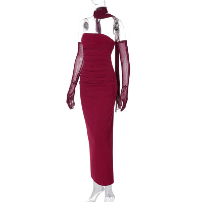 Halter Neck Strapless Maxi Dress - Open Back Mesh Glove Column Gown