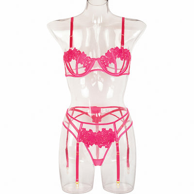 Lace Lingerie Set - Three Piece Hollow Lace Bra Set
