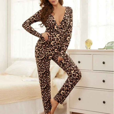 Sexy Leopard Print Long Sleeve Bodysuit Lingerie Set for Women