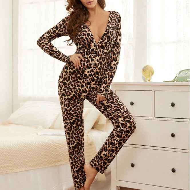 Sexy Leopard Print Long Sleeve Bodysuit Lingerie Set for Women