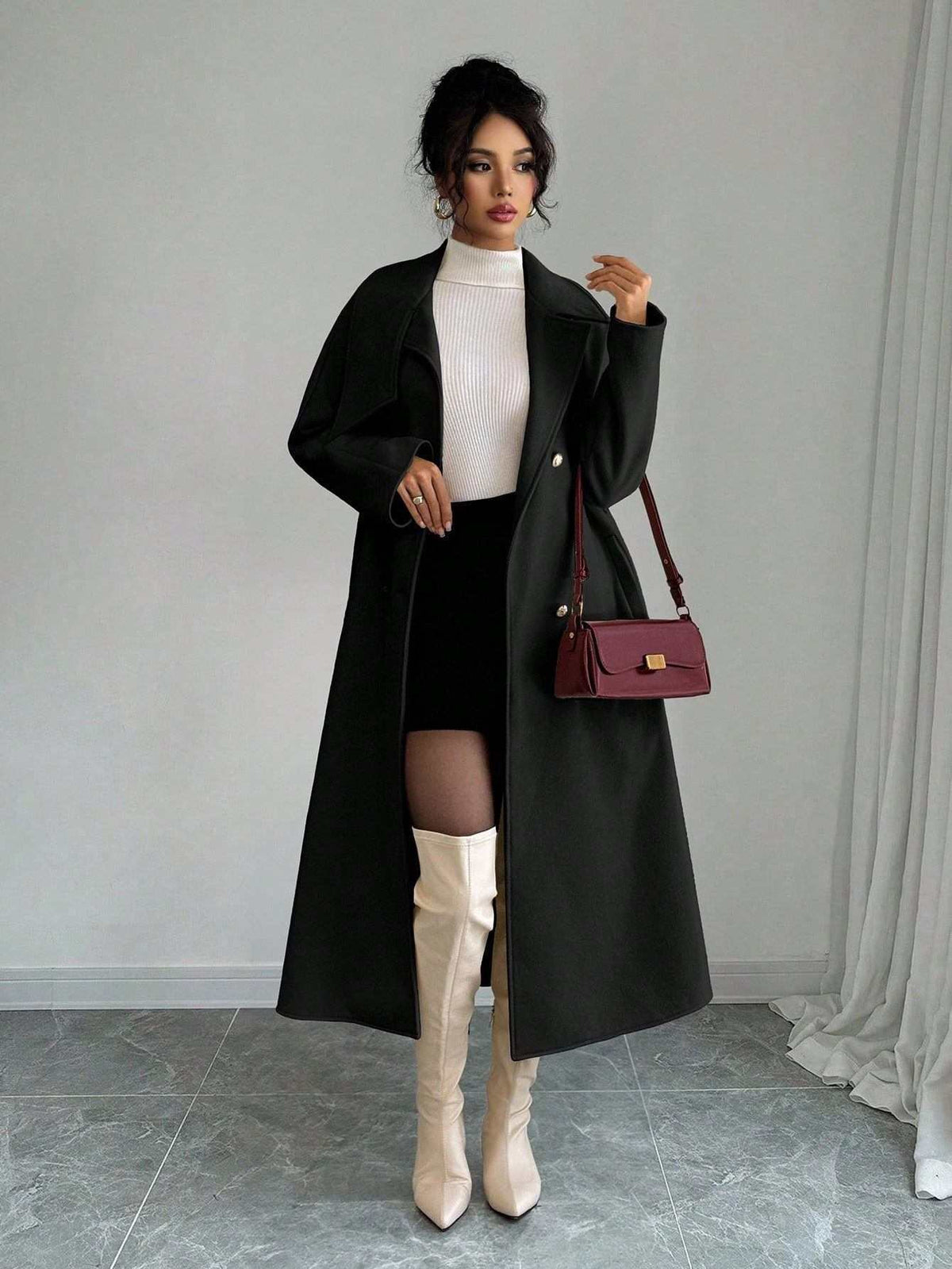 Double-Breasted Long Coat - Waist Tie & Wide Lapels