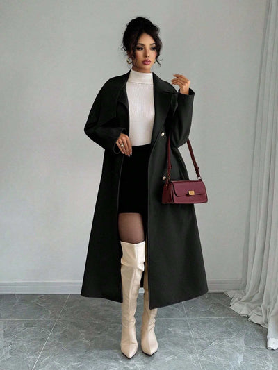 Double-Breasted Long Coat - Waist Tie & Wide Lapels