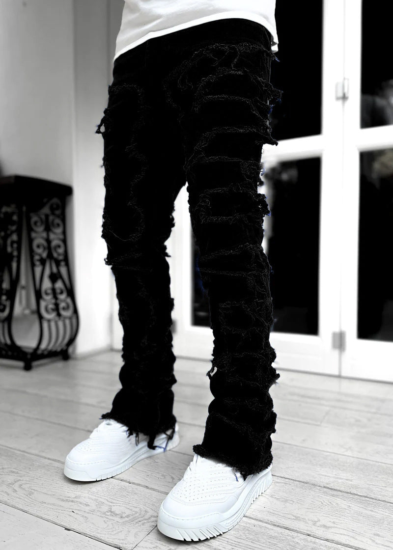 Men's Individual Patched Pants Long Tight Fit Stacked Jeans