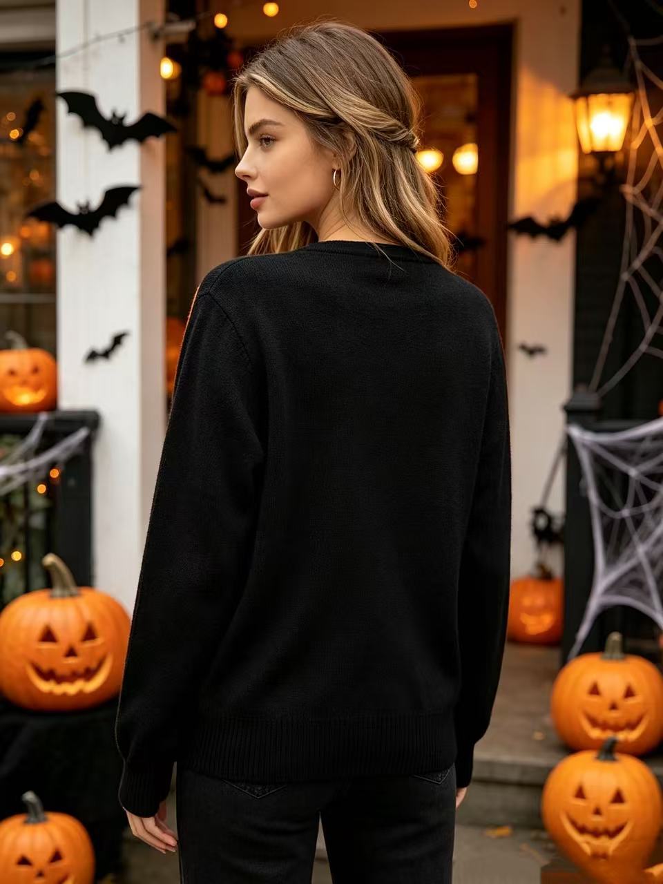Black knit cardigan with long sleeves, button-front and V-neck, plain back