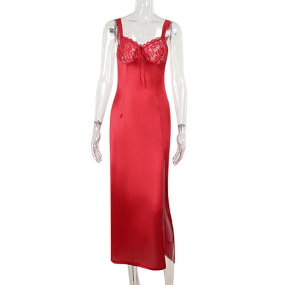 Red satin midi dress with lace bust, spaghetti straps, and front slit