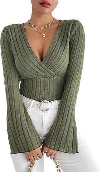Ribbed V-Neck Top - Flared Sleeve Elegant Fit - Fashions Envy