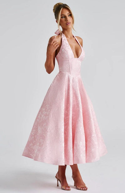 Jacquard Halter Midi Dress - Deep V Corset Waist A-Line Skirt