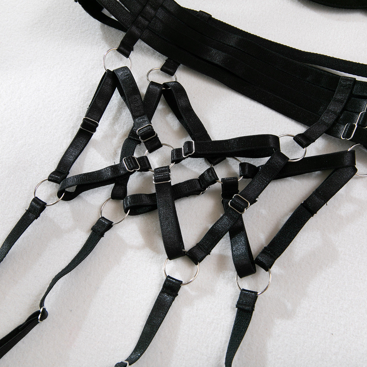 Mesh Garter Lingerie Set - Cross Straps And Ring Details